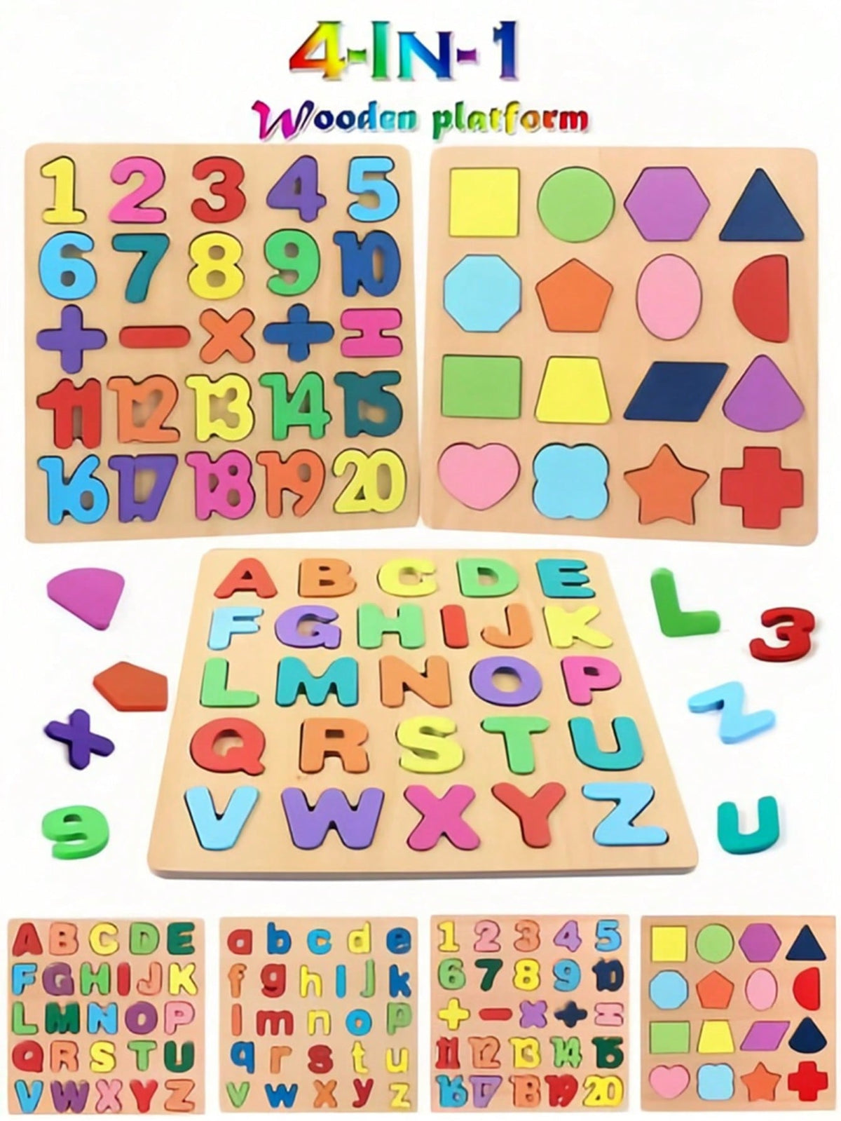 Wooden Learning Puzzle Board 4-in-1 for Kids, Numbers, Letters and Shapes Activity Set for Montessori-Inspired Early Learning and Gifts