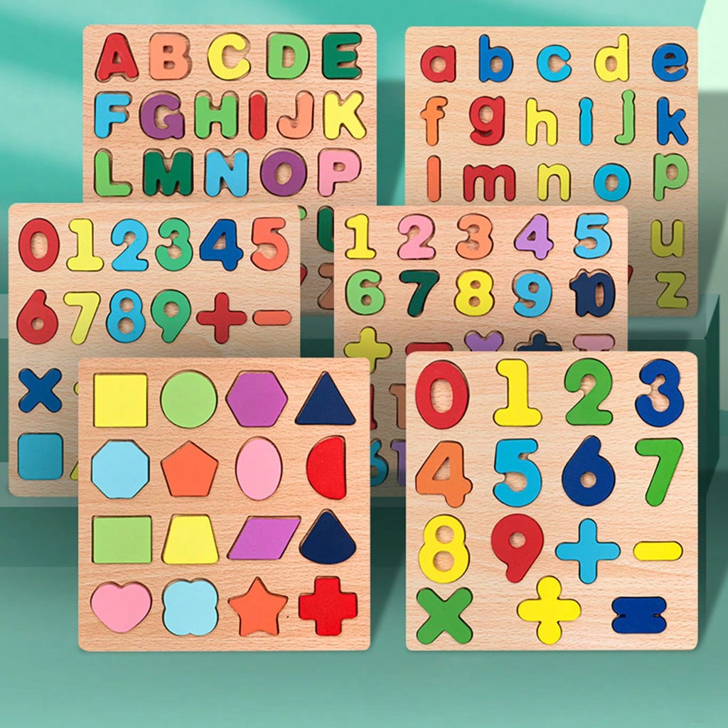 Wooden Learning Puzzle Board 4-in-1 for Kids, Numbers, Letters and Shapes Activity Set for Montessori-Inspired Early Learning and Gifts