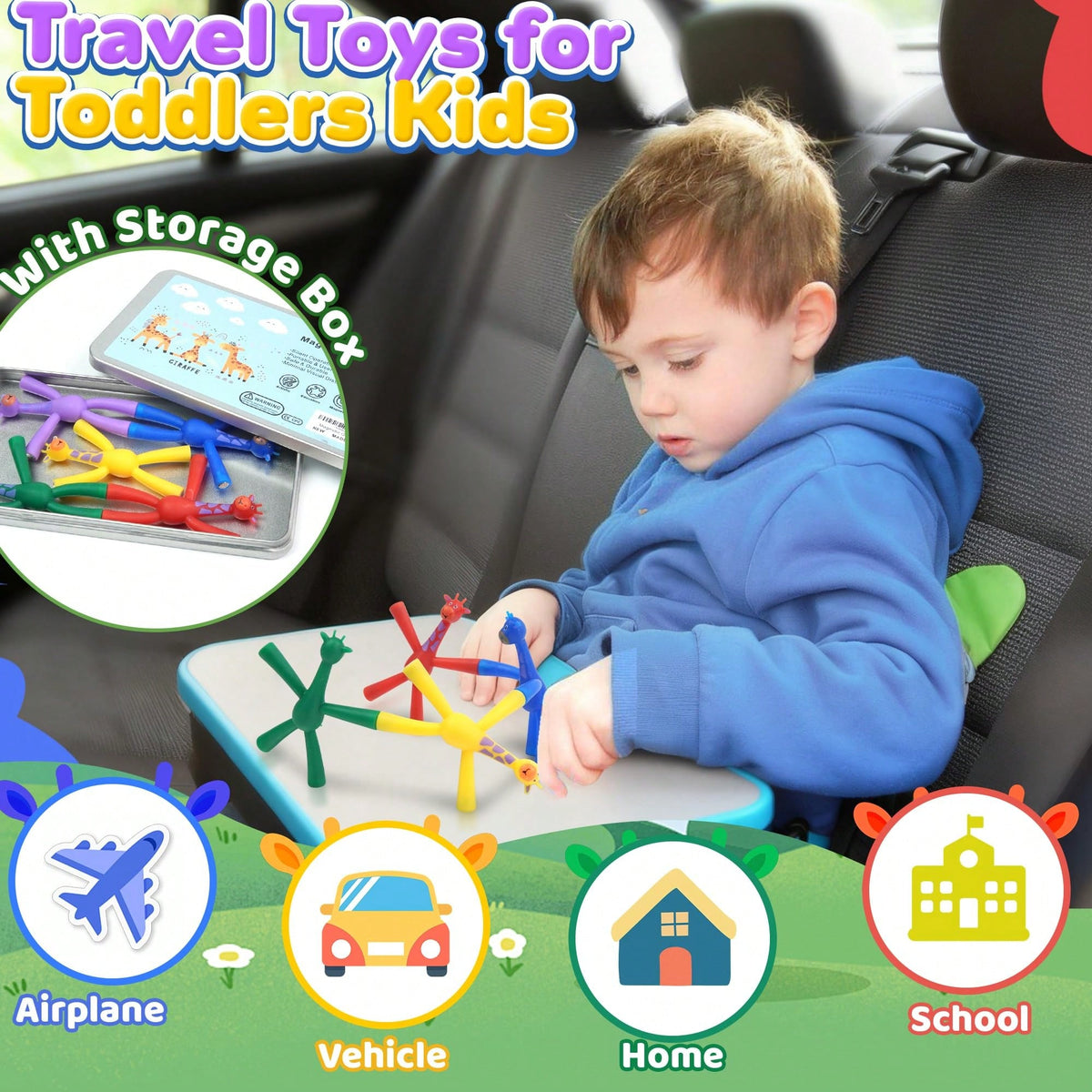Magnetic Giraffe Fidget Toys 10-Pack, Multicolor Silicone Sensory Travel Activities for Kids Ages 3-8, Airplane and Car Road Trip Gifts