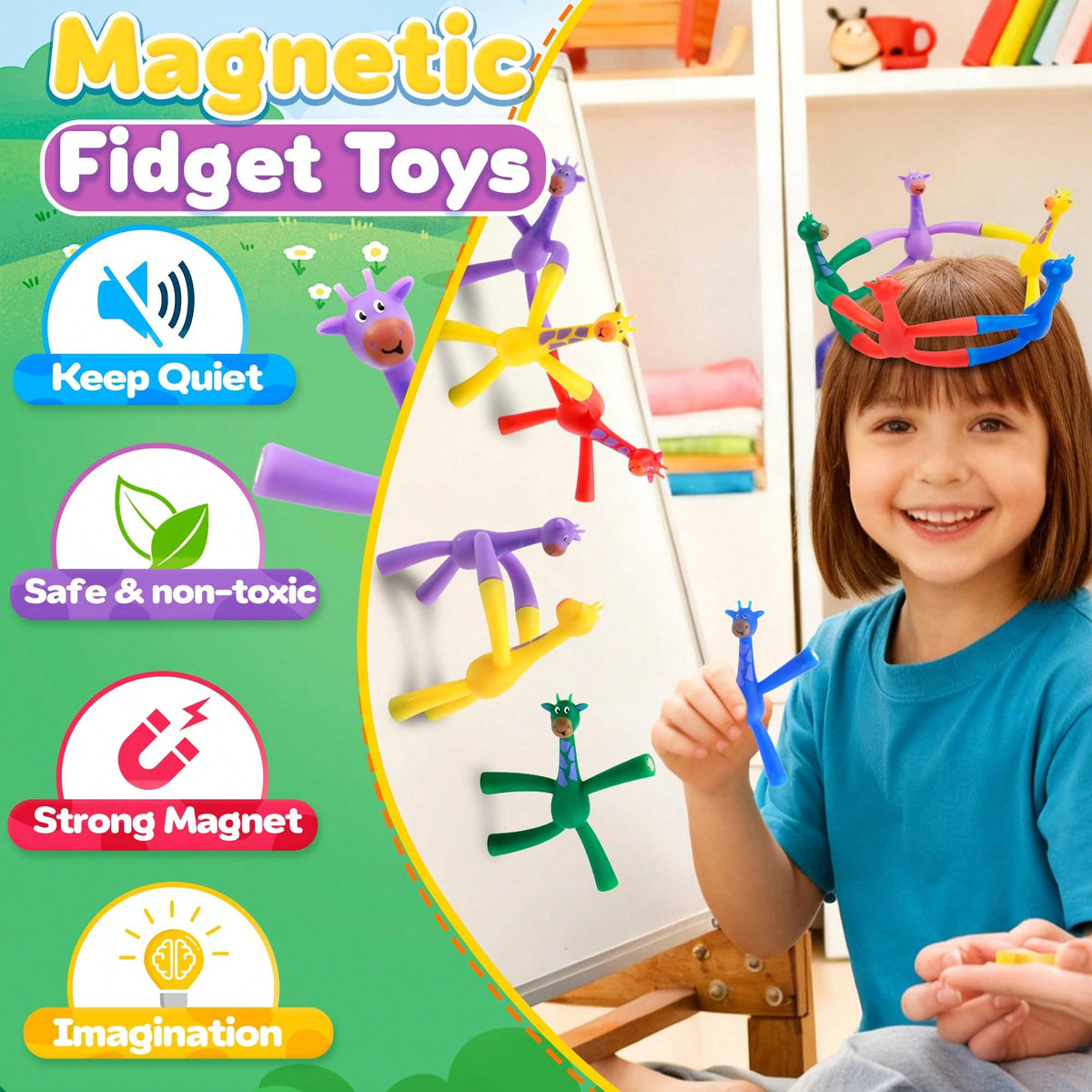 Magnetic Giraffe Fidget Toys 10-Pack, Multicolor Silicone Sensory Travel Activities for Kids Ages 3-8, Airplane and Car Road Trip Gifts