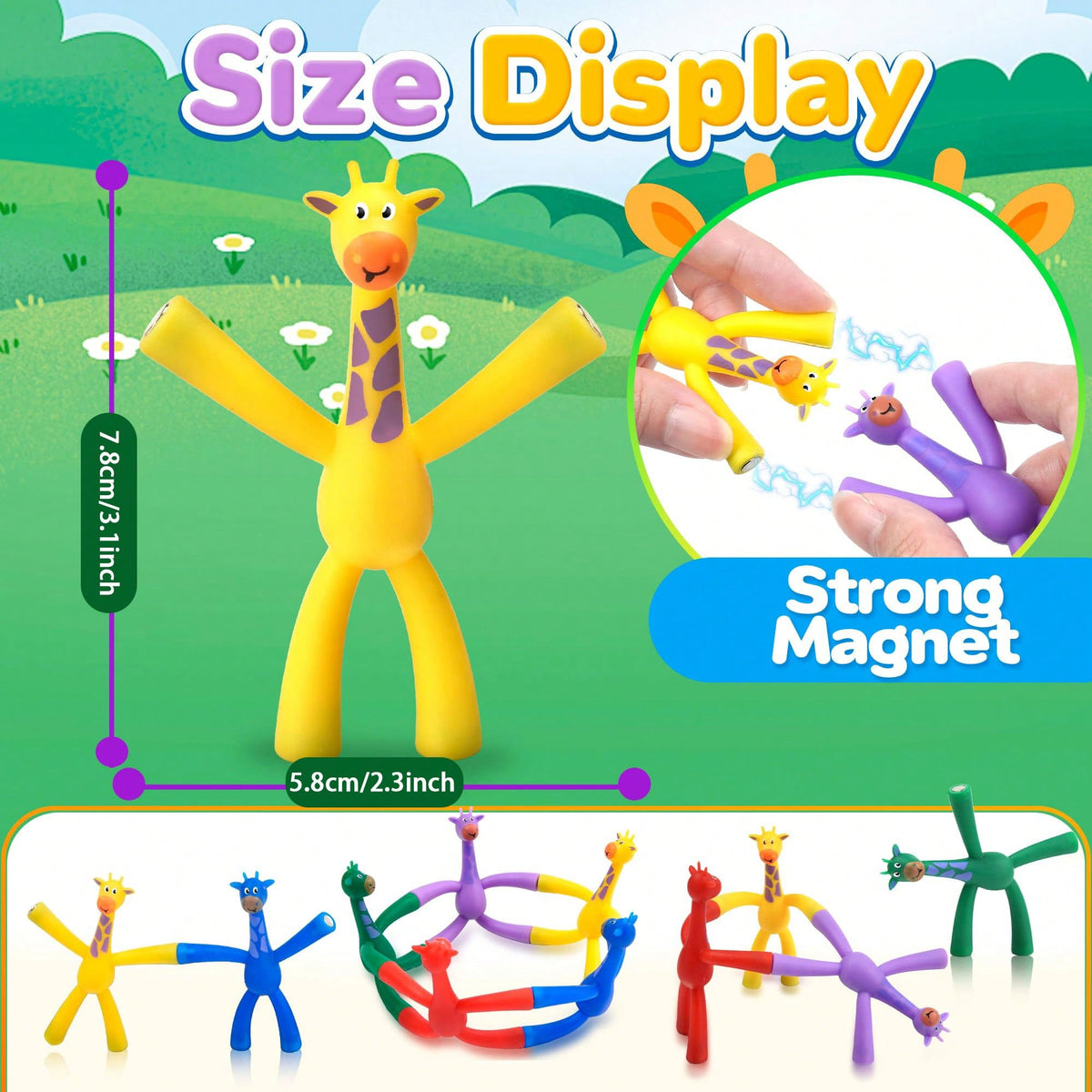 Magnetic Giraffe Fidget Toys 10-Pack, Multicolor Silicone Sensory Travel Activities for Kids Ages 3-8, Airplane and Car Road Trip Gifts