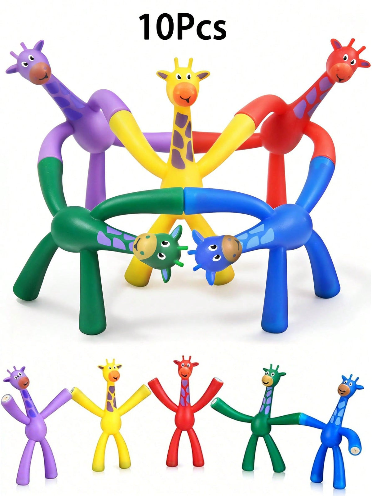 Magnetic Giraffe Fidget Toys 10-Pack, Multicolor Silicone Sensory Travel Activities for Kids Ages 3-8, Airplane and Car Road Trip Gifts