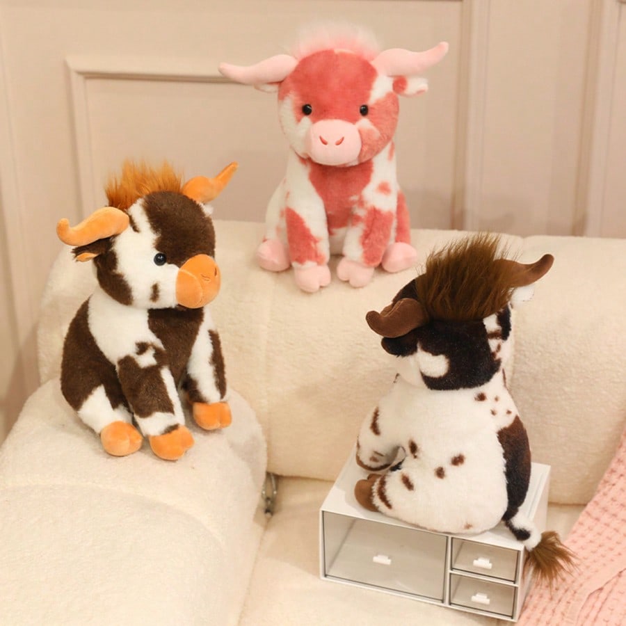 Sitting Cow Stuffed Animal 30cm, Soft Angus Cattle Plush Doll in Five Colors, Decorative Pillow and Farm Animal Birthday Gift for Cow Lovers