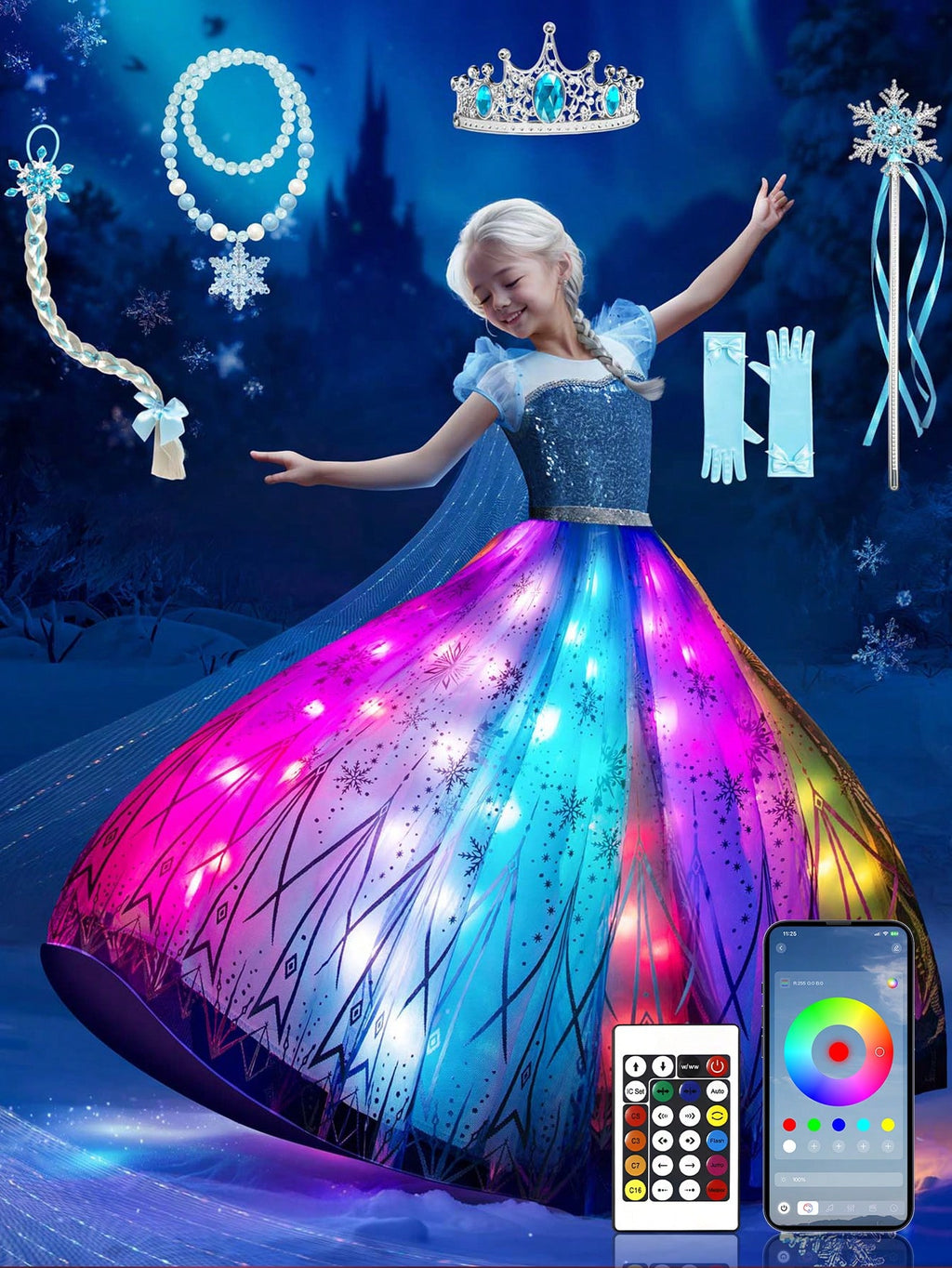 Blue Light Up Princess Dress for Girls, Kids Dress Up Costume for Birthday Parties, Halloween Cosplay, Holiday Celebrations and Imaginative Play