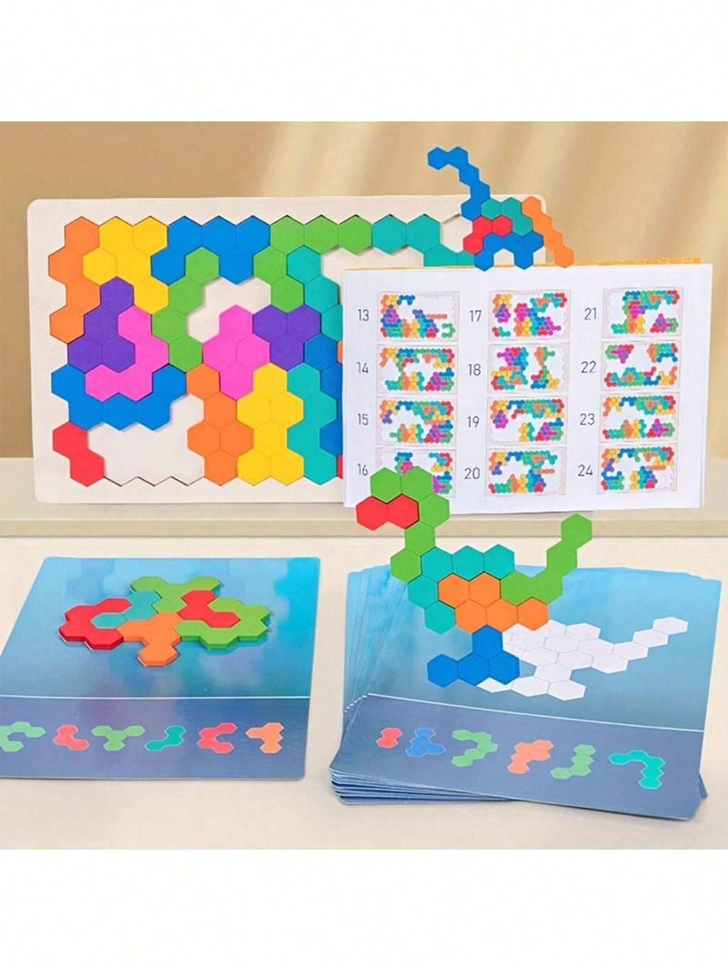 Wooden Rainbow Honeycomb Puzzle Board for Kids, Multicolor Hands-On Logic Activity for Math Exploration, Creative Tabletop Play and Educational Gifts