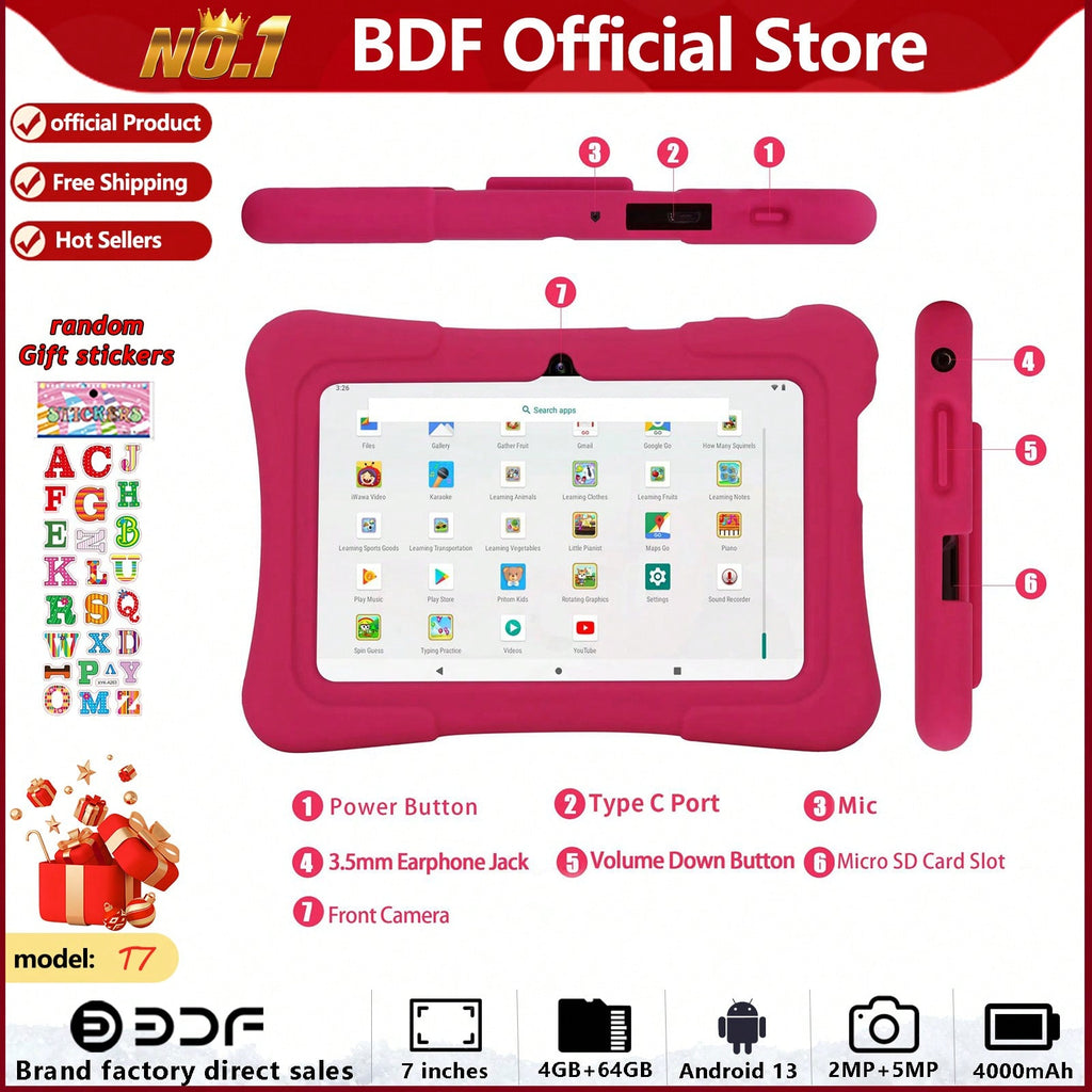 Kids WiFi Tablet with Parental Controls, 7-Inch Android 13 HD IPS Screen, 4GB RAM 64GB Storage, Dual Cameras and 4000mAh Battery for Learning and Games