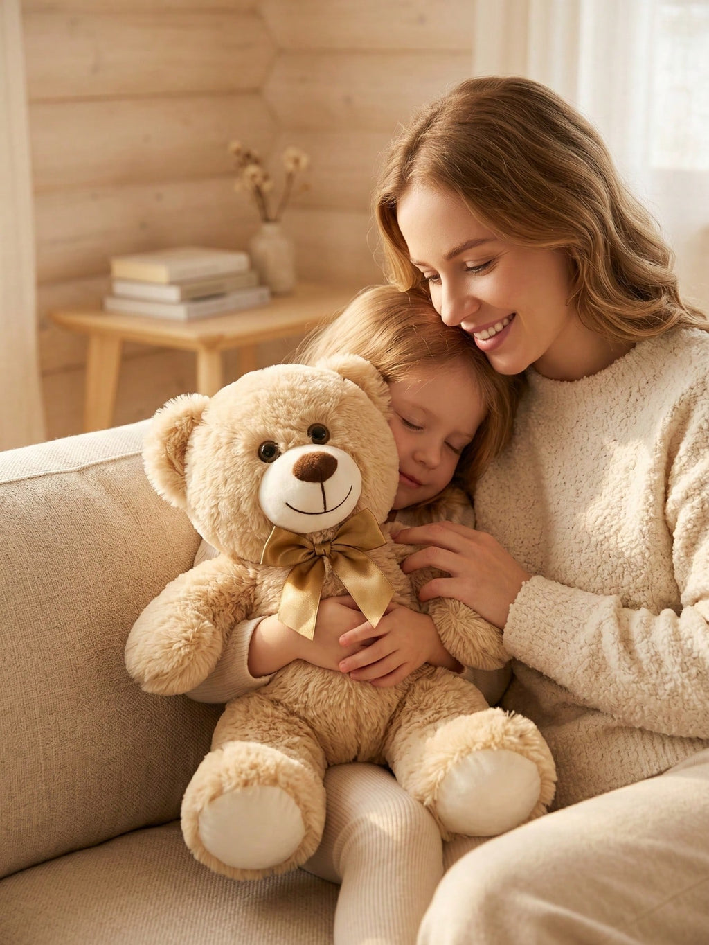 Teddy Bear Stuffed Animal with Bow Tie, 34cm Soft Fluffy Plush Companion for Bedroom, Living Room and Office Decor, Gift for Women