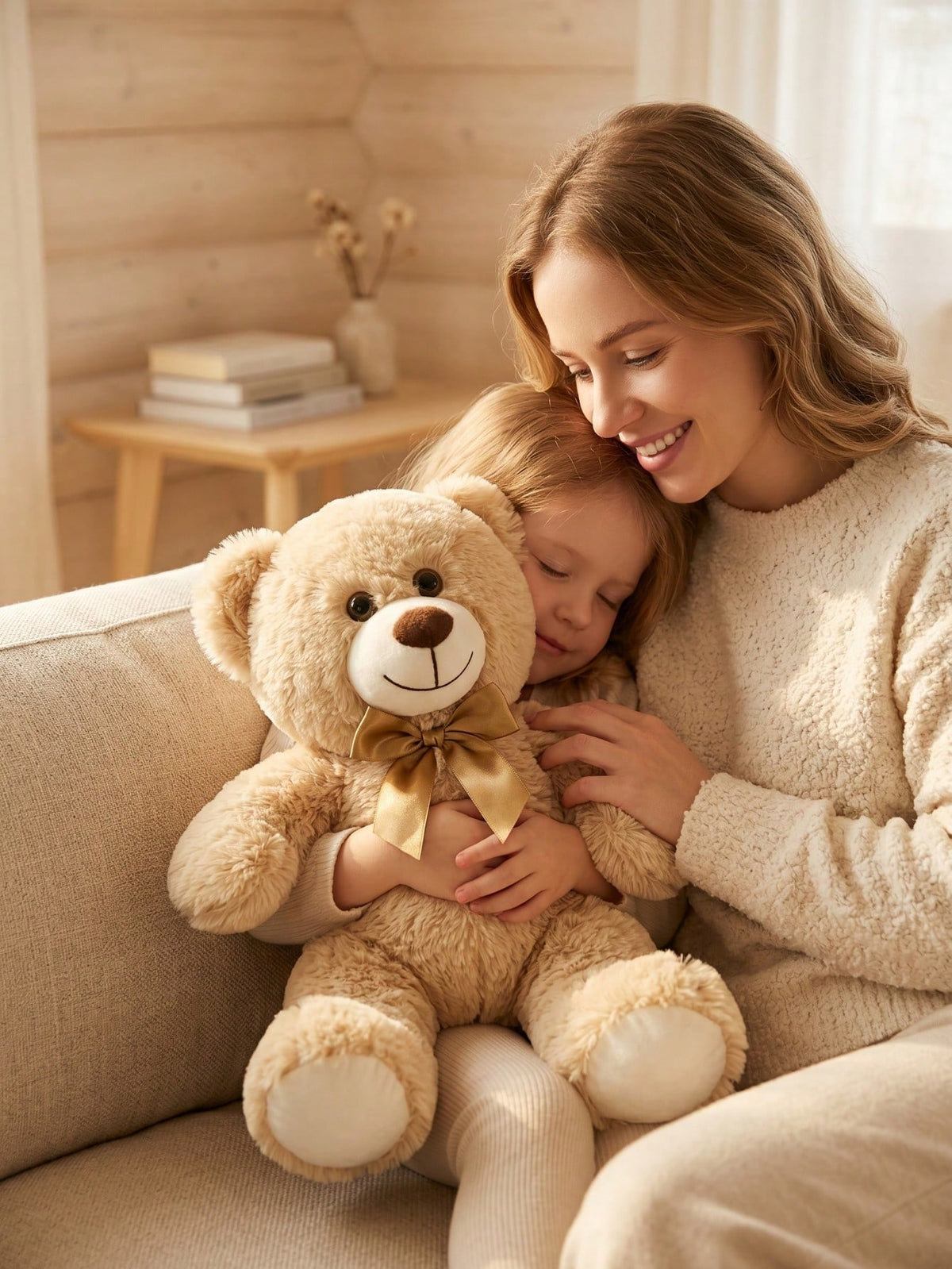 Teddy Bear Stuffed Animal with Bow Tie, 34cm Soft Fluffy Plush Companion for Bedroom, Living Room and Office Decor, Gift for Women