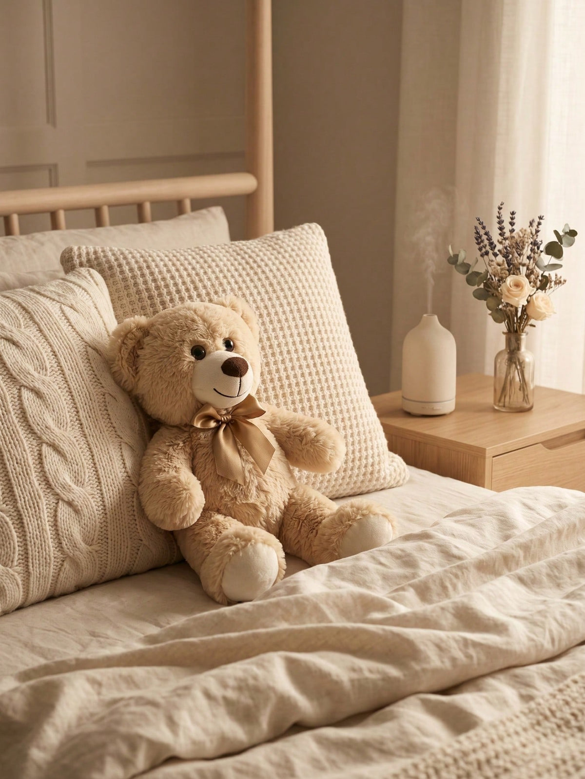 Teddy Bear Stuffed Animal with Bow Tie, 34cm Soft Fluffy Plush Companion for Bedroom, Living Room and Office Decor, Gift for Women