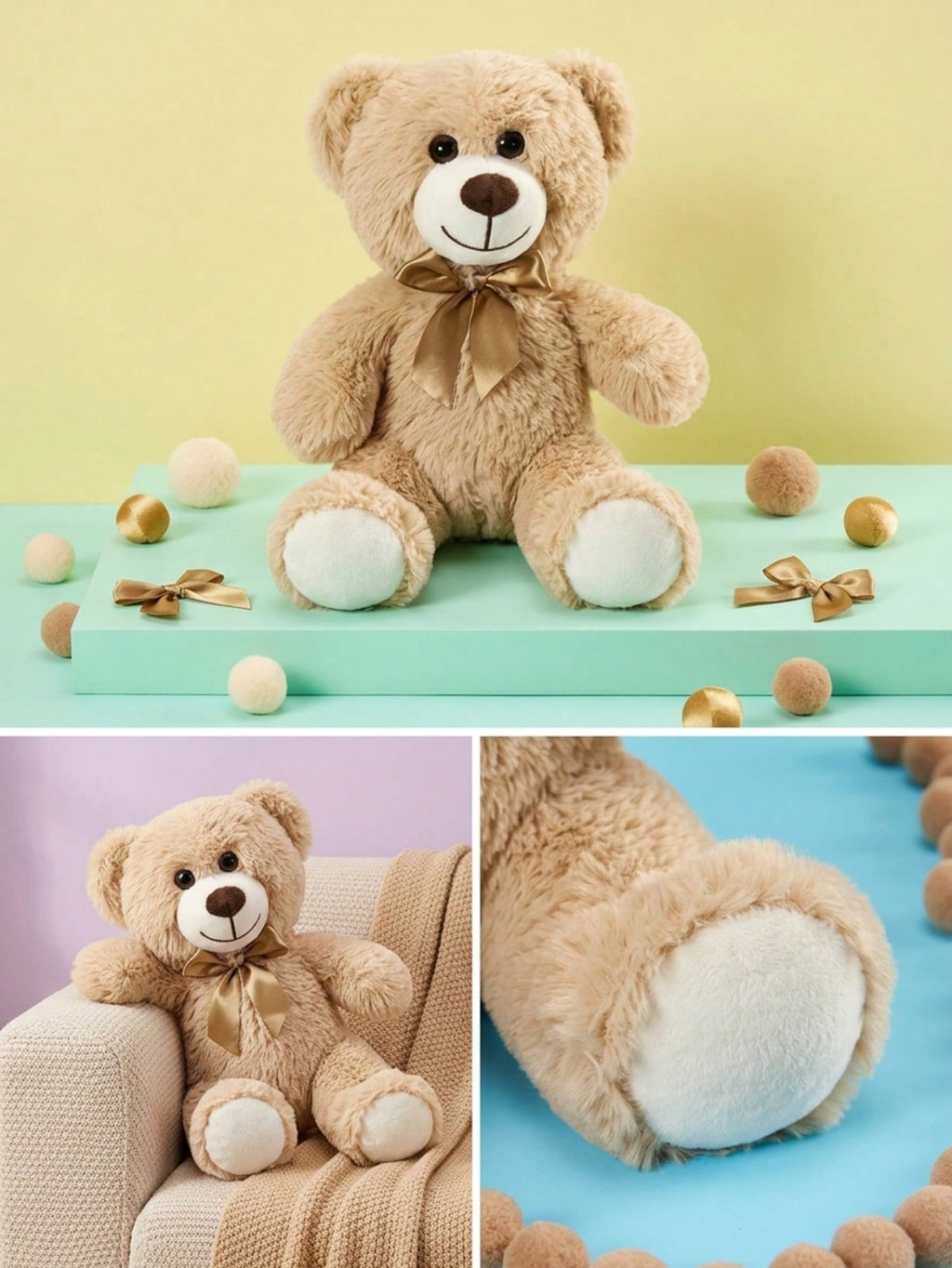 Teddy Bear Stuffed Animal with Bow Tie, 34cm Soft Fluffy Plush Companion for Bedroom, Living Room and Office Decor, Gift for Women