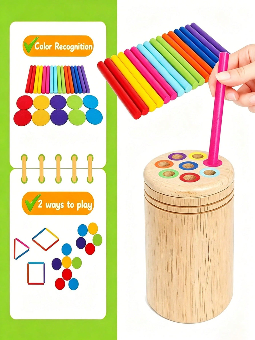 Color Sorting Cups for Kids Over 3, Wooden Montessori-Inspired Matching and Counting Toy with Fine Motor Activities and Multiple Set Options