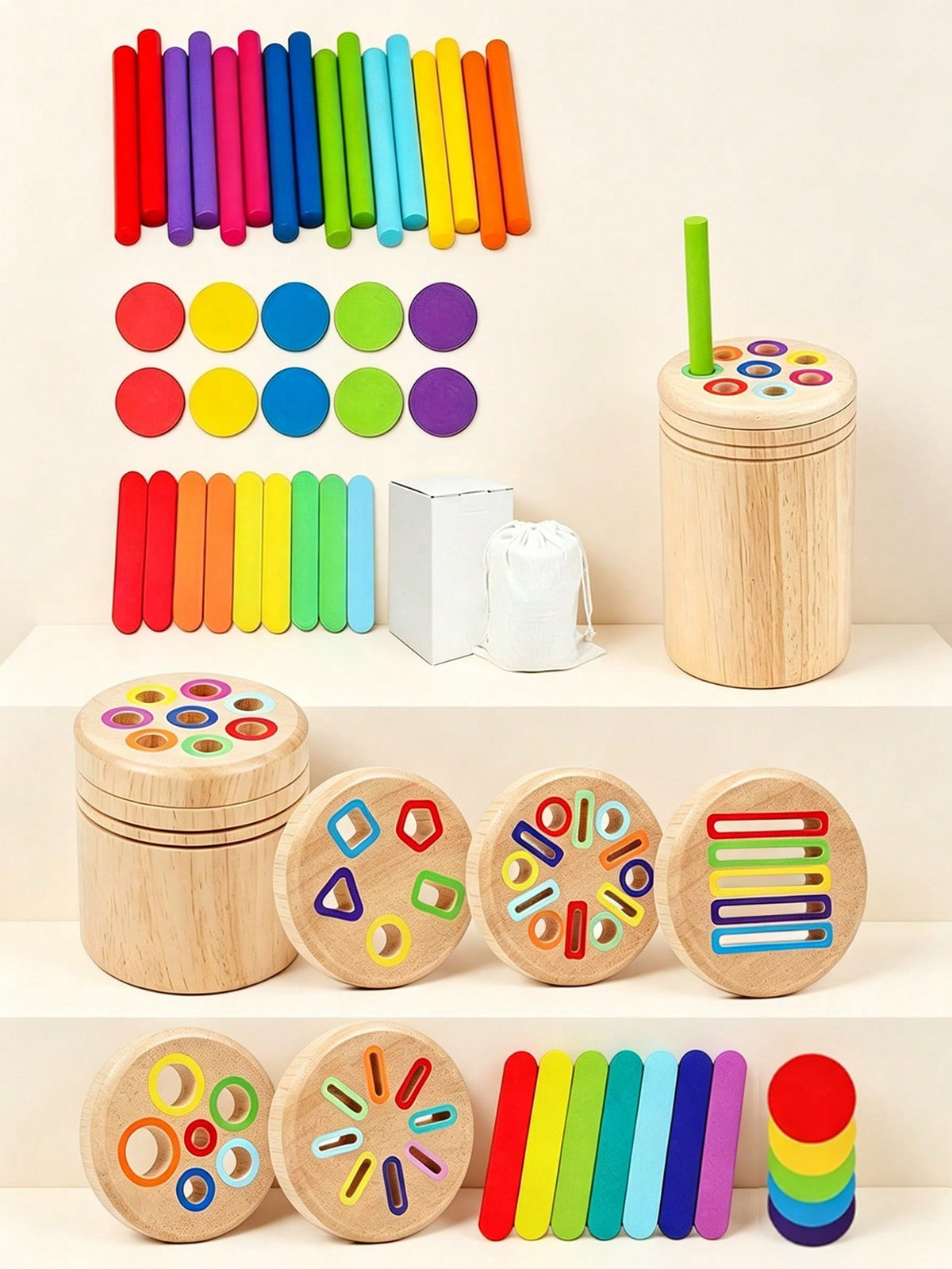 Color Sorting Cups for Kids Over 3, Wooden Montessori-Inspired Matching and Counting Toy with Fine Motor Activities and Multiple Set Options