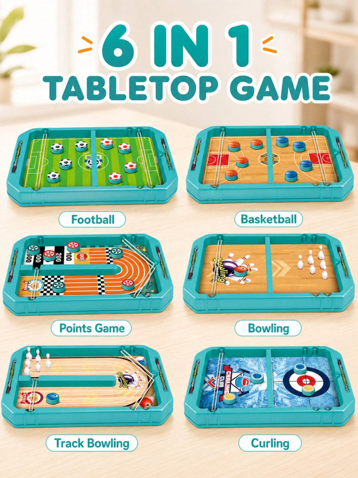 6-in-1 Tabletop Sports Game Set with Finger Football, Mini Bowling and Basketball Shooting for Interactive Family Game Nights and Party Fun
