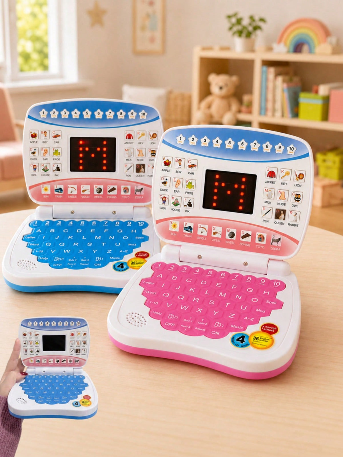 Mini Learning Computer Toy for Kids, Portable English Alphabet and Number Activity with Music and Interactive Games, Blue or Pink Educational Gift