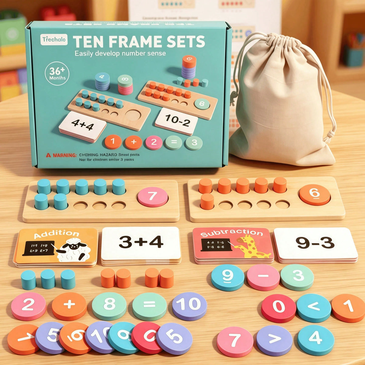 Ten Frame Math Manipulatives for Kids, Wooden Counting Game for Montessori-Inspired Number Practice in Kindergarten, Elementary Classrooms and Homeschool