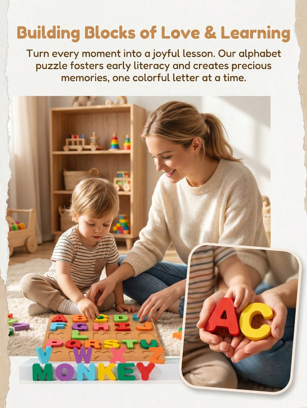 Alphabet Wooden Puzzles for Toddlers Ages 2-5, MINKOJA Letter or Number Learning Board, Multicolor Preschool Matching Toy for Boys and Girls
