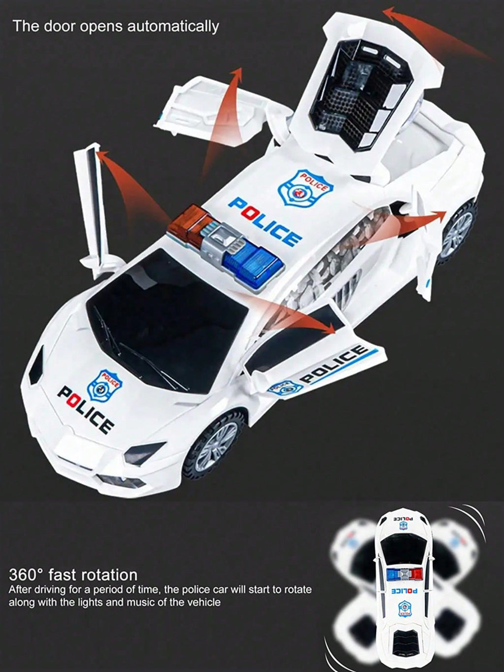 Transforming Police Car Toy for Kids, Electric Dancing and Rotating Vehicle in Blue or White for Boys and Girls Birthday and Christmas Gifts