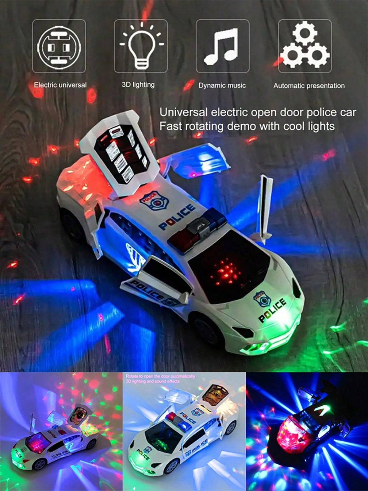 Transforming Police Car Toy for Kids, Electric Dancing and Rotating Vehicle in Blue or White for Boys and Girls Birthday and Christmas Gifts