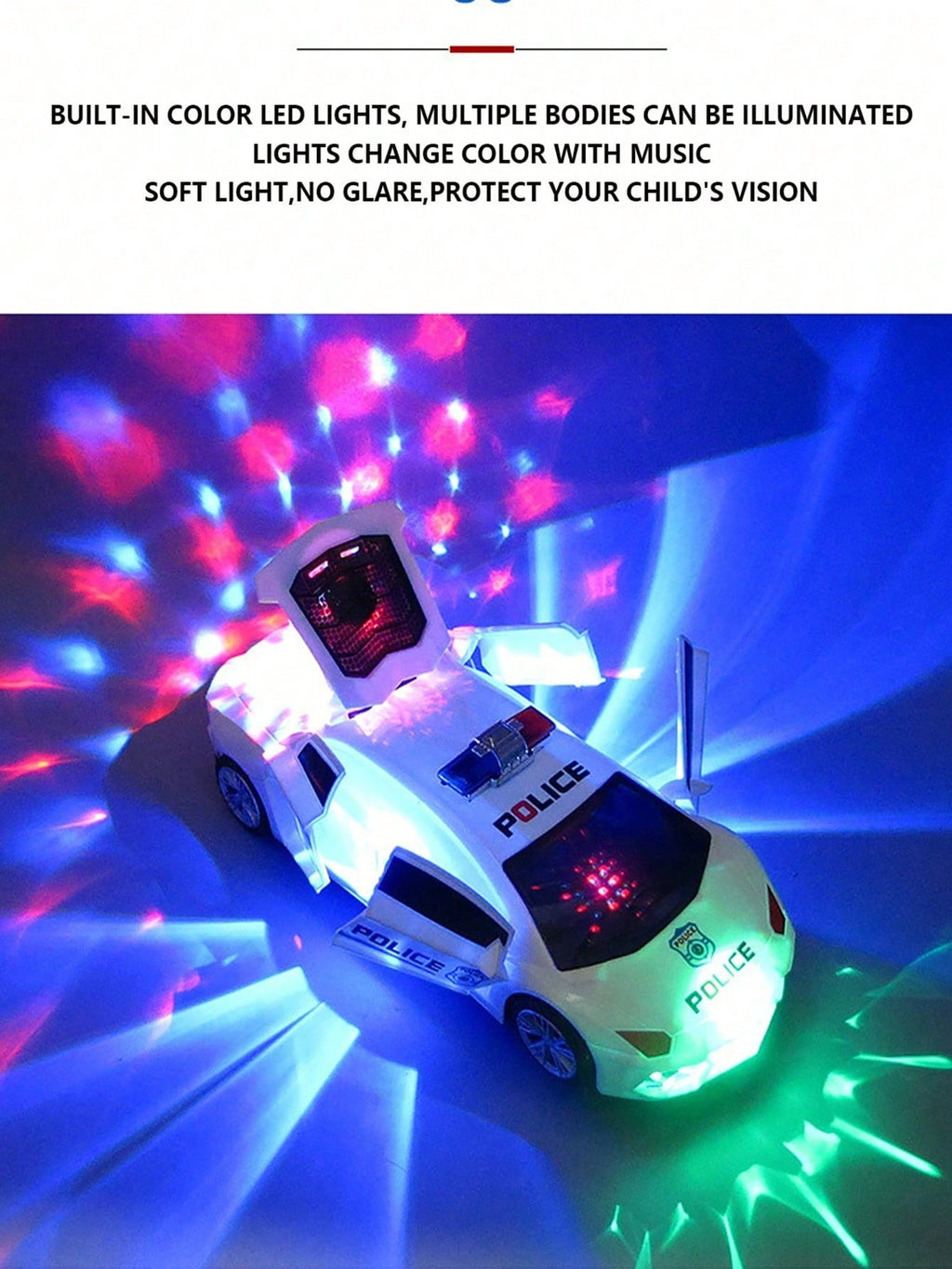 Transforming Police Car Toy for Kids, Electric Dancing and Rotating Vehicle in Blue or White for Boys and Girls Birthday and Christmas Gifts