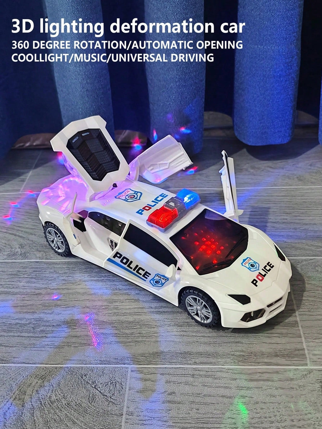Transforming Police Car Toy for Kids, Electric Dancing and Rotating Vehicle in Blue or White for Boys and Girls Birthday and Christmas Gifts