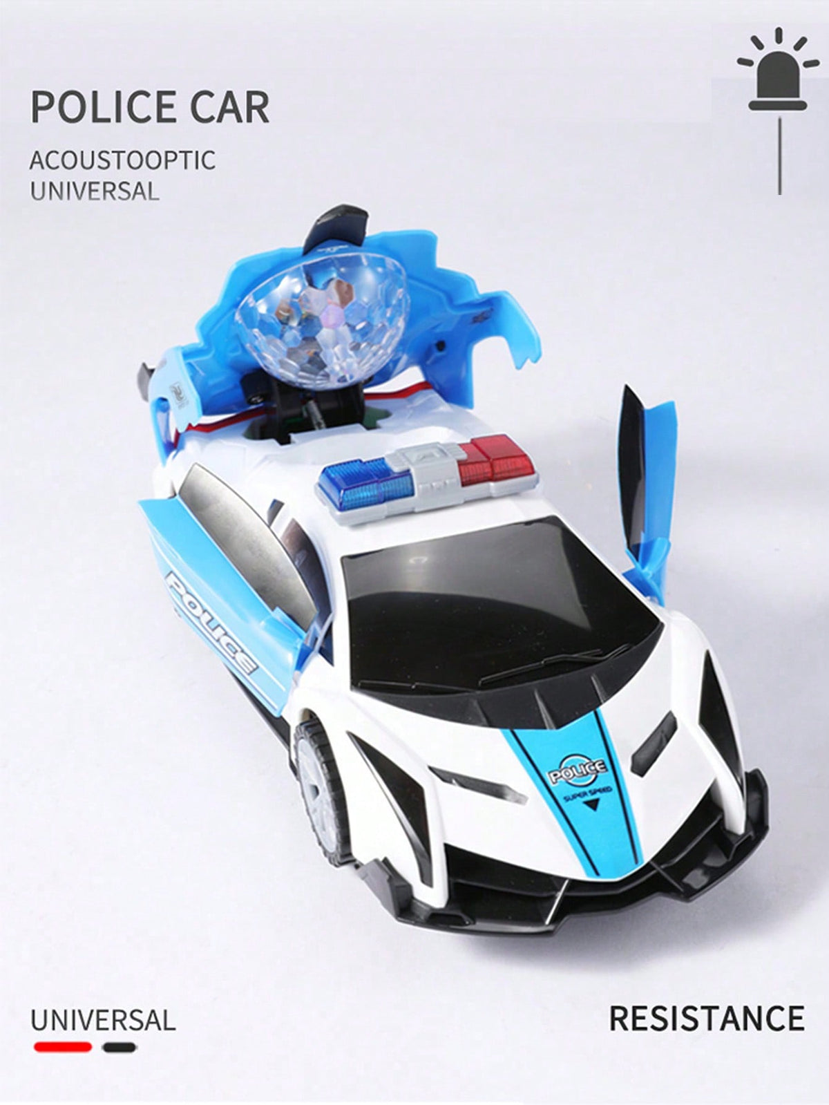 Transforming Police Car Toy for Kids, Electric Dancing and Rotating Vehicle in Blue or White for Boys and Girls Birthday and Christmas Gifts