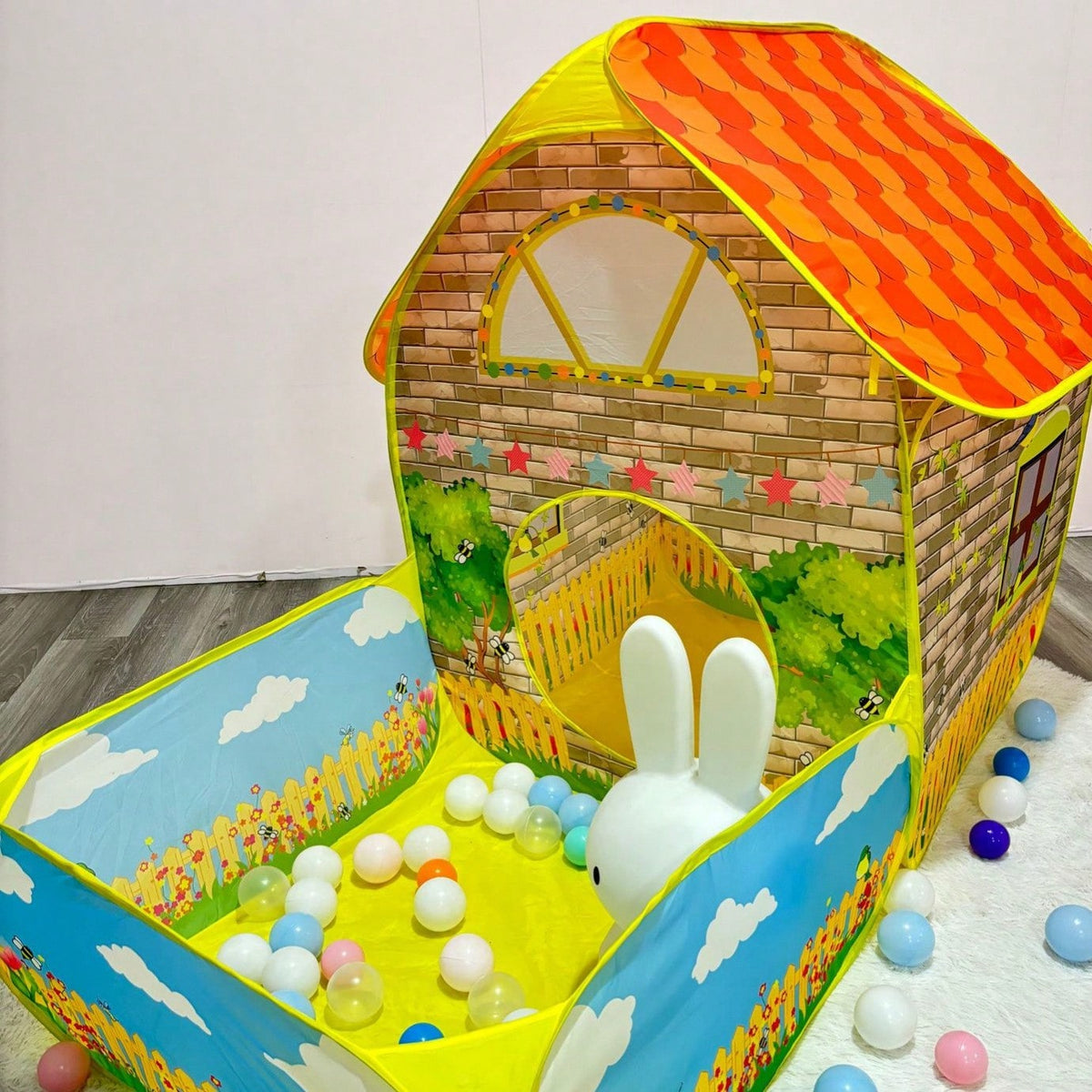Kids Ball Pit Play Tent 2-in-1 Cartoon Cottage Playhouse, Foldable Breathable Fabric Indoor Outdoor Pretend Play Gift for Boys and Girls