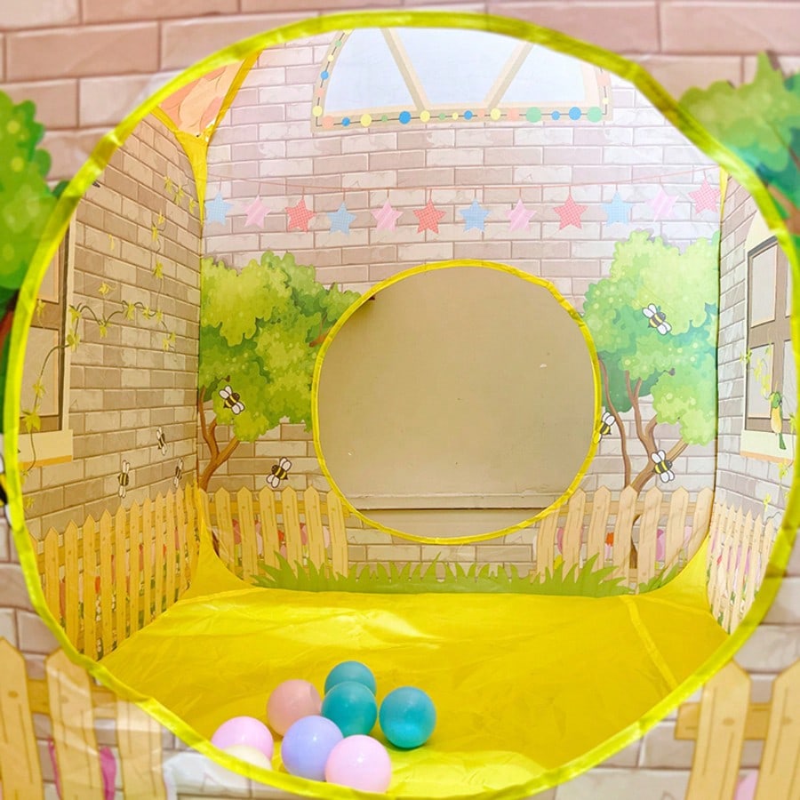 Kids Ball Pit Play Tent 2-in-1 Cartoon Cottage Playhouse, Foldable Breathable Fabric Indoor Outdoor Pretend Play Gift for Boys and Girls