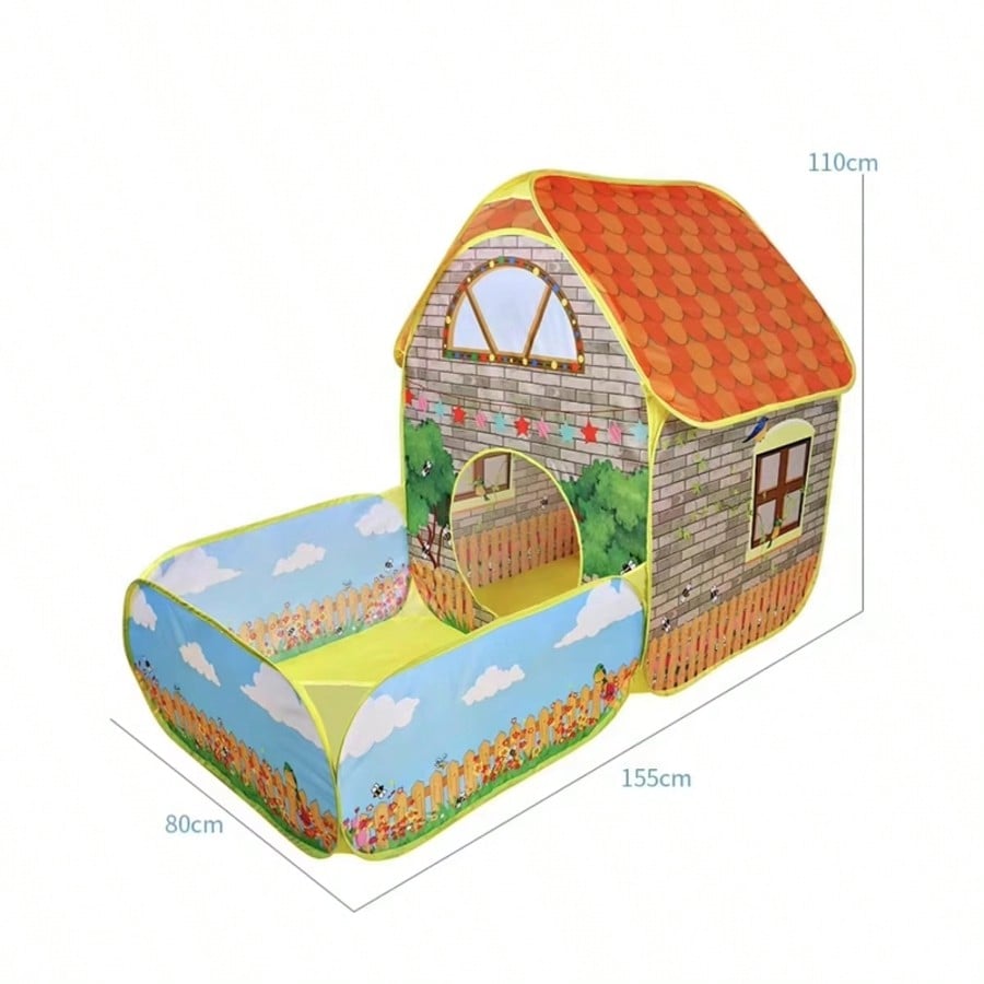 Kids Ball Pit Play Tent 2-in-1 Cartoon Cottage Playhouse, Foldable Breathable Fabric Indoor Outdoor Pretend Play Gift for Boys and Girls