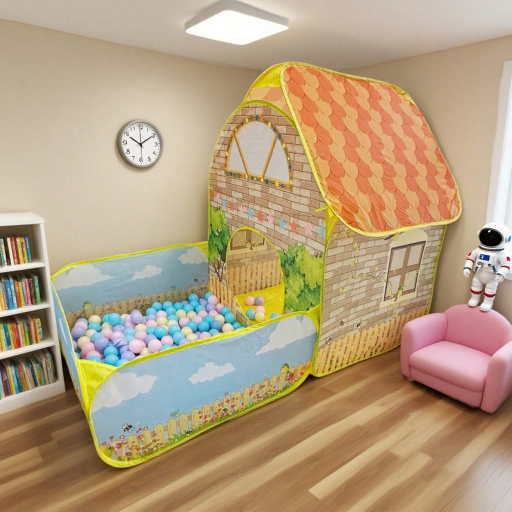 Kids Ball Pit Play Tent 2-in-1 Cartoon Cottage Playhouse, Foldable Breathable Fabric Indoor Outdoor Pretend Play Gift for Boys and Girls