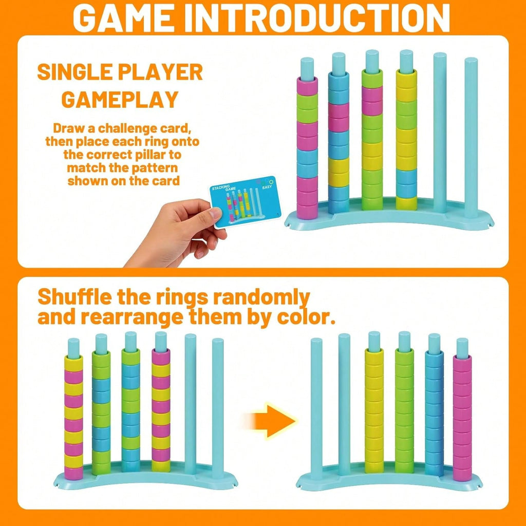 Ring Stacking Puzzle Game for Kids and Adults, Color Pattern Matching Challenge with Single or Two-Person Options for Family Tabletop Play