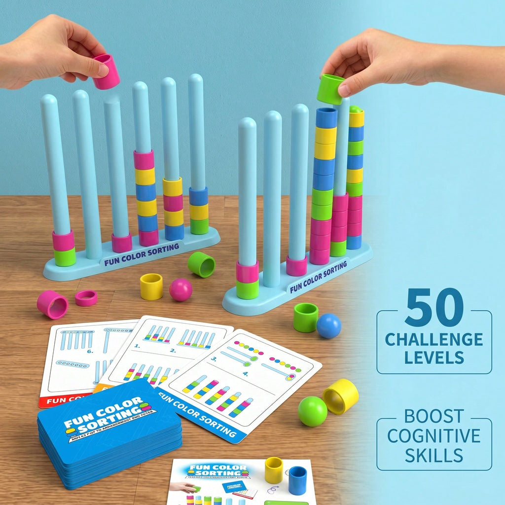 Ring Stacking Puzzle Game for Kids and Adults, Color Pattern Matching Challenge with Single or Two-Person Options for Family Tabletop Play