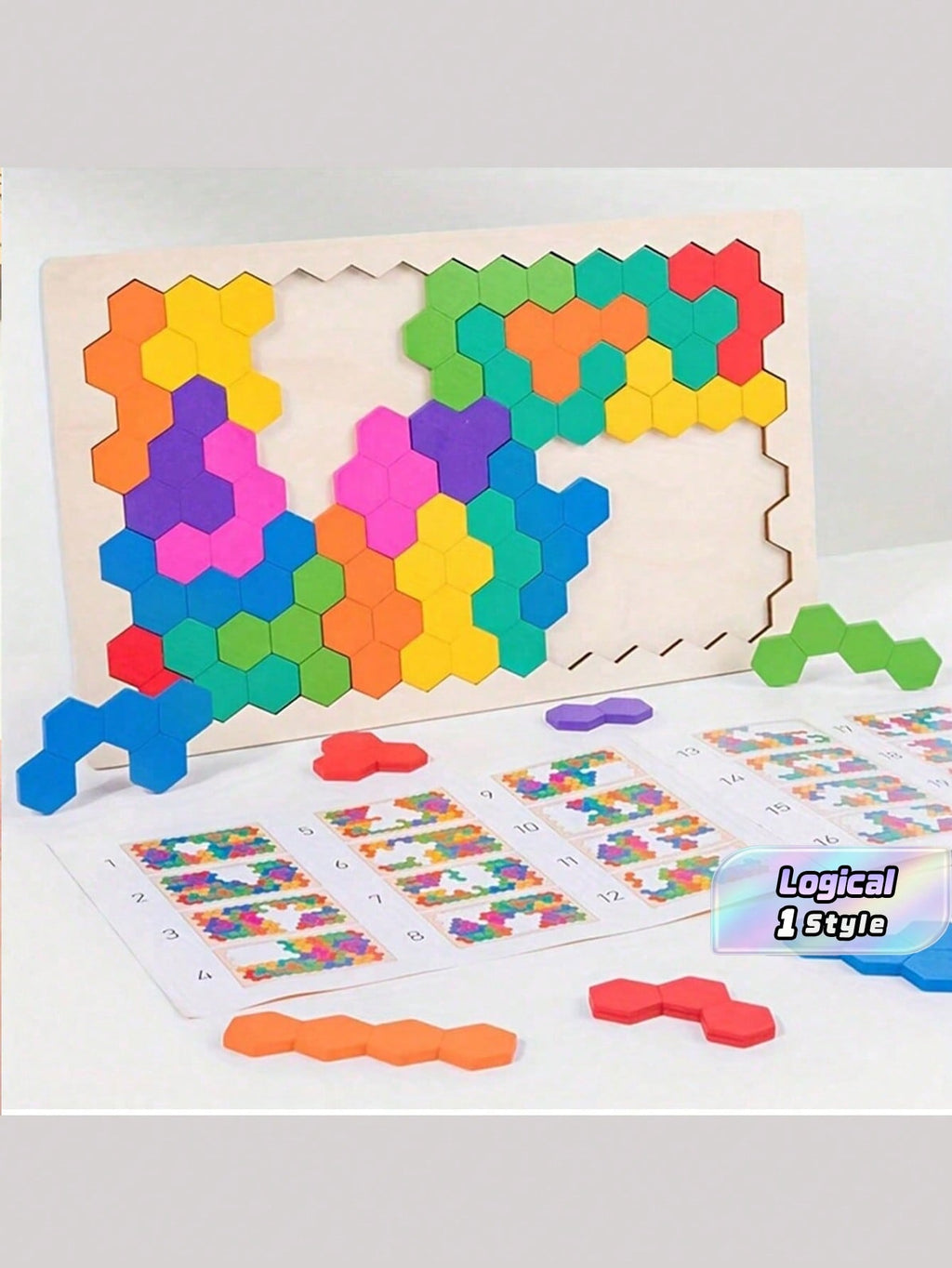 Wooden Rainbow Honeycomb Puzzle Board for Kids, Multicolor Hands-On Logic Activity for Math Exploration, Creative Tabletop Play and Educational Gifts