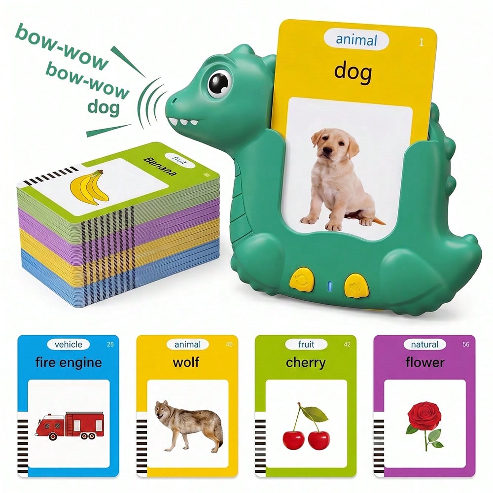 Dinosaur Talking Flash Cards Learning Toy, 112 Cards with 224 Words for Kids Vocabulary Play, English Speaking Reader with Spanish-English Bilingual Option