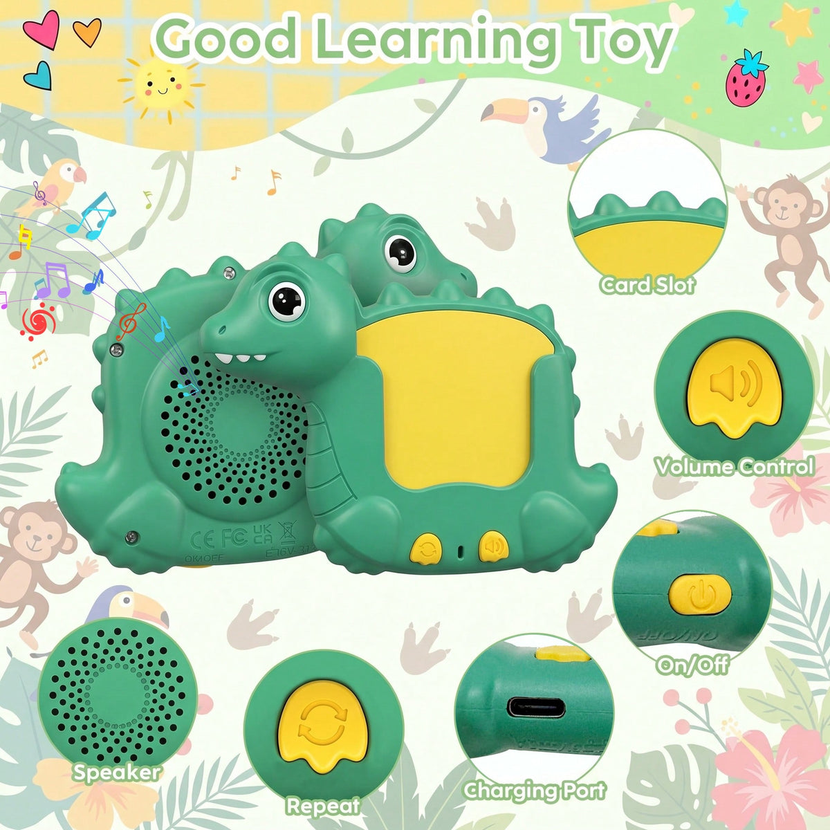 Dinosaur Talking Flash Cards Learning Toy, 112 Cards with 224 Words for Kids Vocabulary Play, English Speaking Reader with Spanish-English Bilingual Option