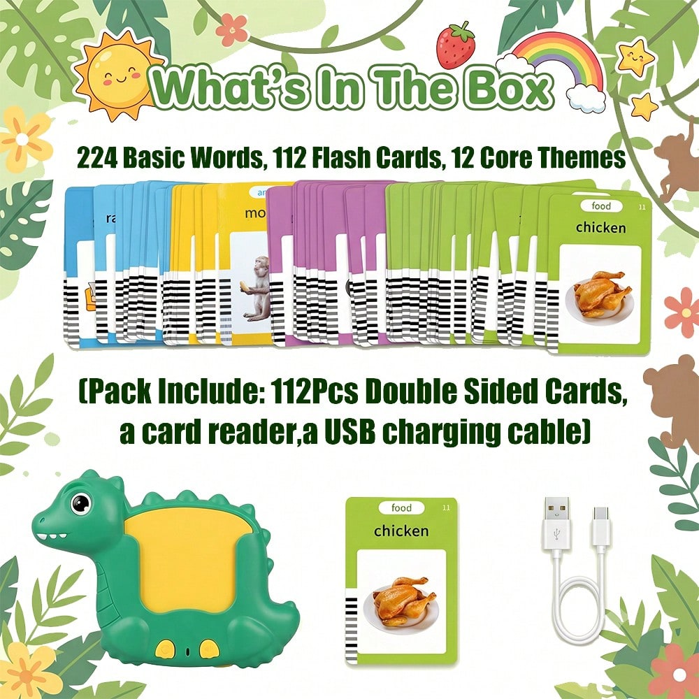 Dinosaur Talking Flash Cards Learning Toy, 112 Cards with 224 Words for Kids Vocabulary Play, English Speaking Reader with Spanish-English Bilingual Option