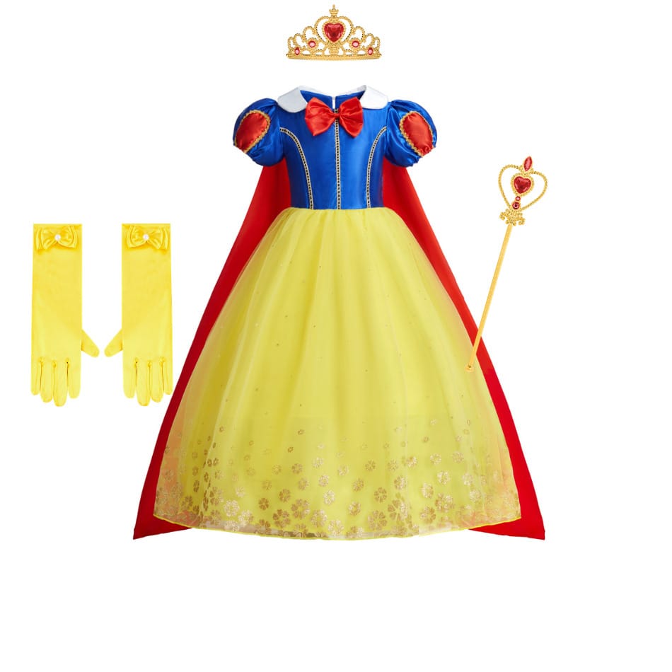Yellow Princess Dress Costume Set for Girls, 4-Piece Dress-Up Outfit for Birthday Parties, Halloween, Christmas Celebrations and Fantasy Role Play