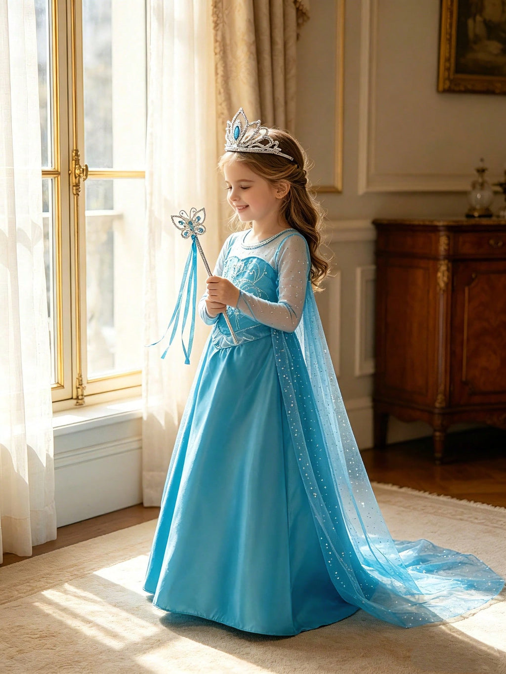 Long Sleeve Princess Dress for Girls, Blue Tulle Costume with Crown and Magic Wand for Halloween, Birthday Parties and Holiday Role Play