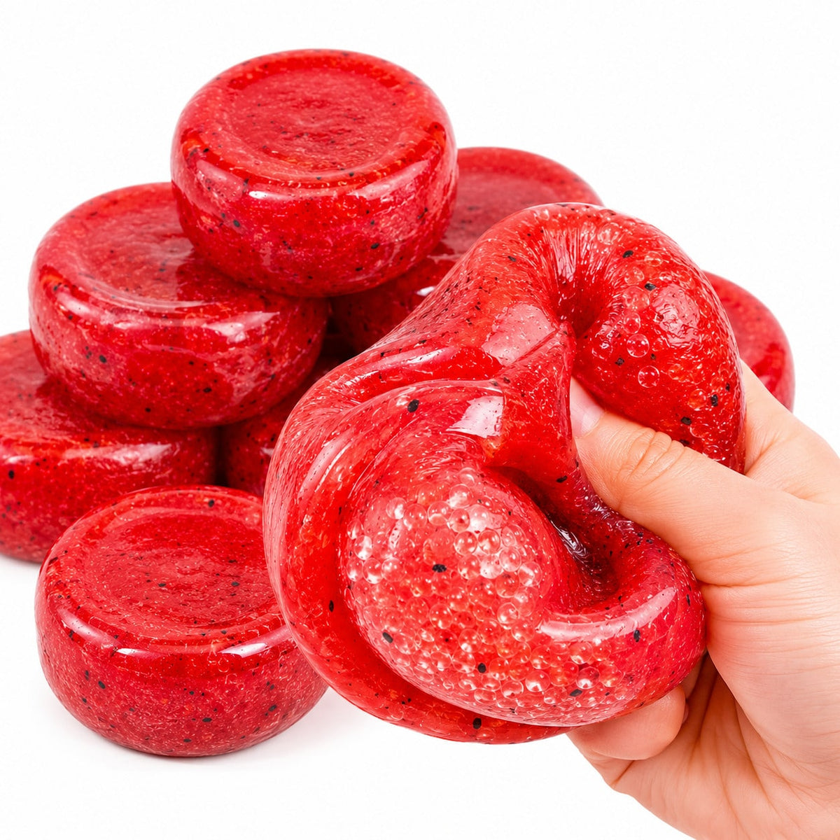 Watermelon Squishy Ball with Slush Sand Texture, Red Sensory Squeeze Fidget Toy for Tactile Desk Breaks, Birthday Gifts and Novelty Party Favors, 1 Piece