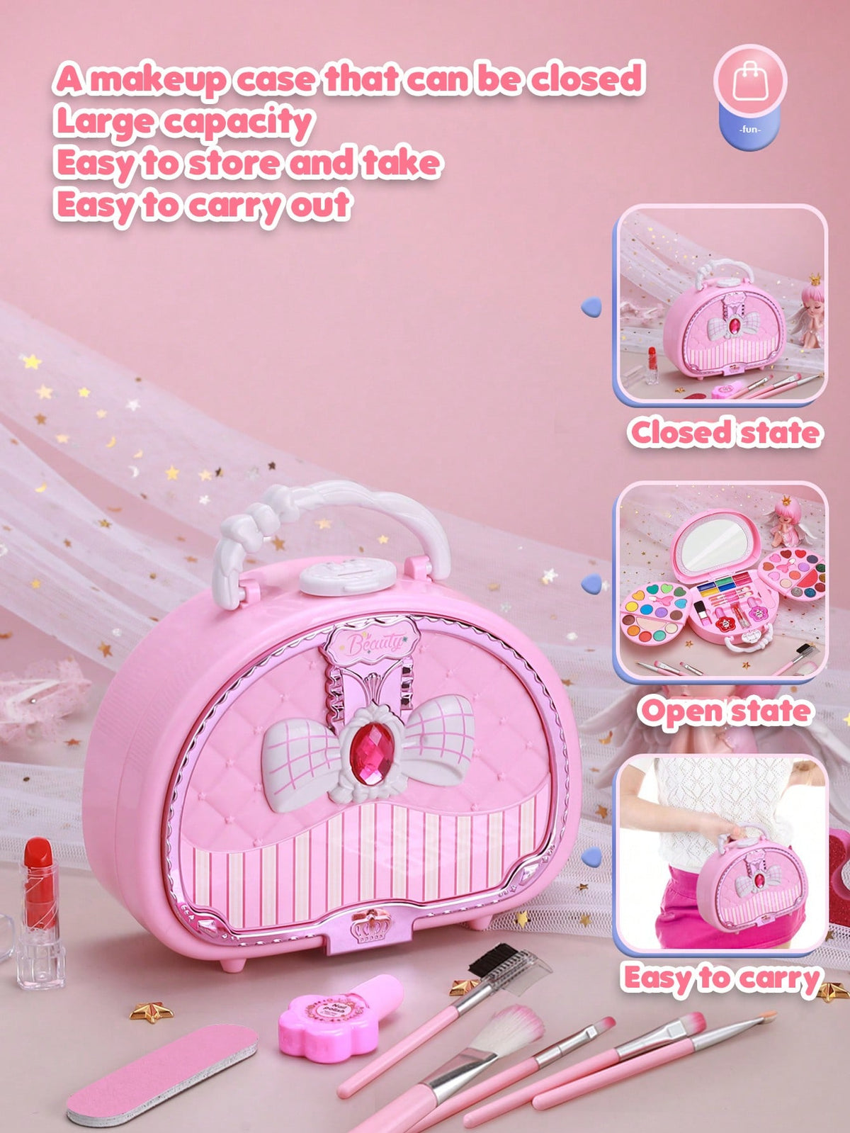 Washable Makeup Set for Girls with Hair Accessories, Pink Handbag and Magic Book Options for Dress-Up, Birthday and Christmas Gifts