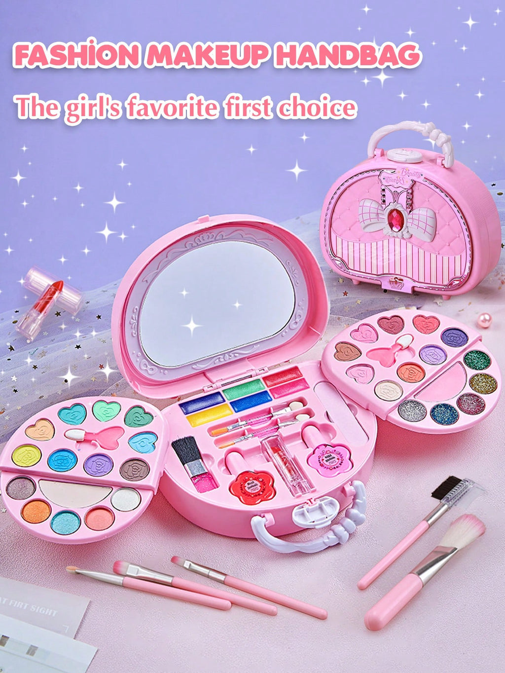 Washable Makeup Set for Girls with Hair Accessories, Pink Handbag and Magic Book Options for Dress-Up, Birthday and Christmas Gifts