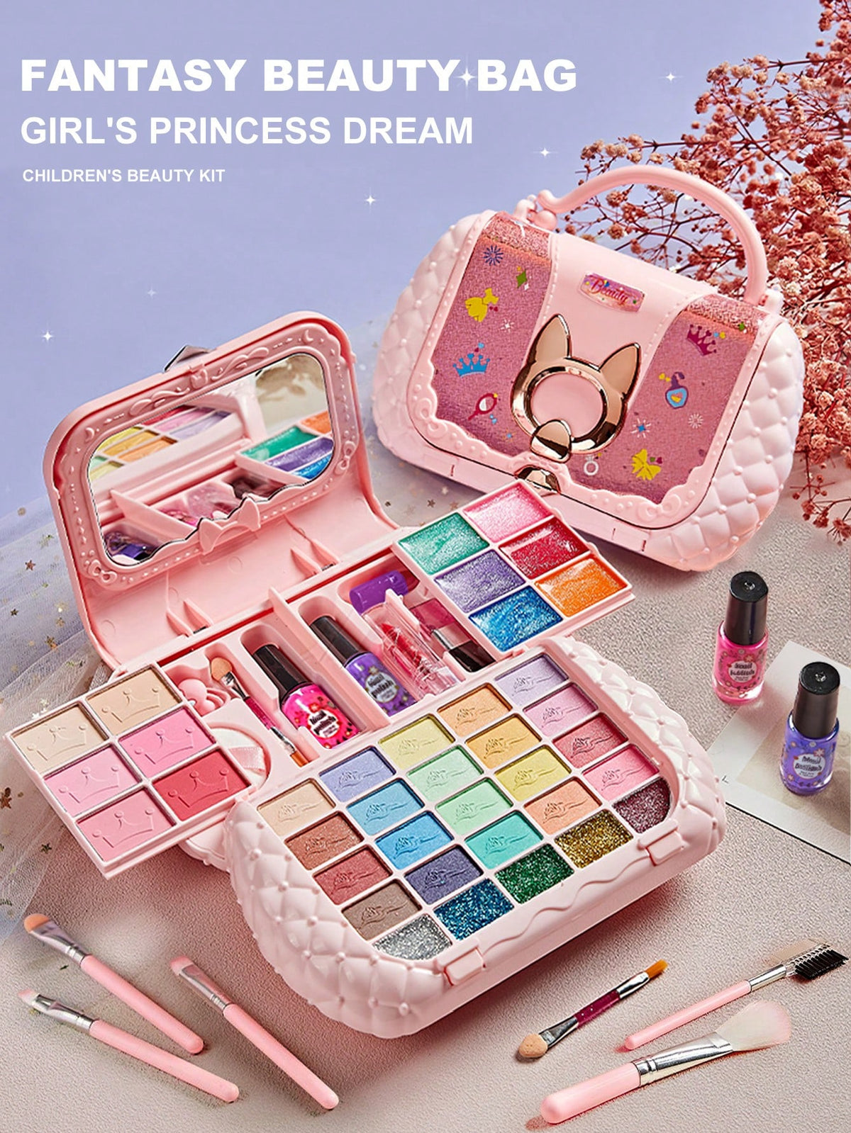 Washable Makeup Set for Girls with Hair Accessories, Pink Handbag and Magic Book Options for Dress-Up, Birthday and Christmas Gifts