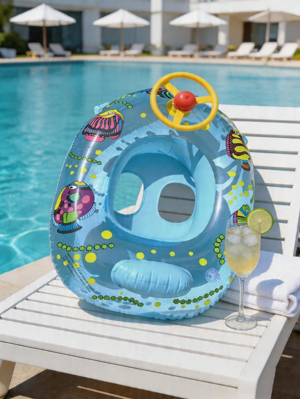 Inflatable Swimming Ring with Steering Wheel for Kids, Blue PVC Pool Float for Supervised Water Play and Summer Poolside Activities
