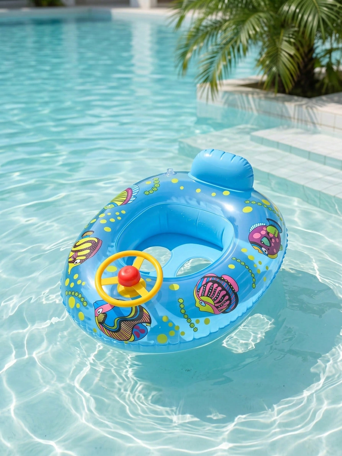 Inflatable Swimming Ring with Steering Wheel for Kids, Blue PVC Pool Float for Supervised Water Play and Summer Poolside Activities