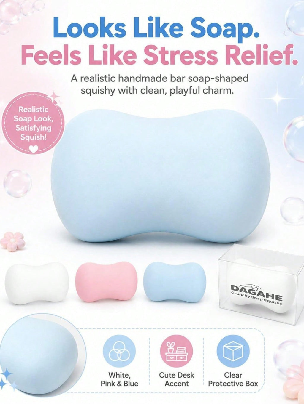 ASMR Soap Bar Squeeze Toy, Soft Glossy Crunchy Sensory Fidget for Tactile Desk Breaks, Birthday and Christmas Gift, 1 Piece