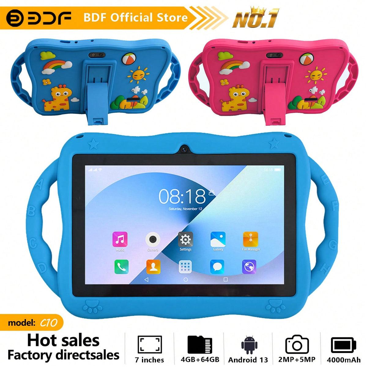 Kids Dual Camera Tablet, 7-Inch Android 13 HD IPS Display, 4GB RAM 64GB Storage, Quad-Core 1.3GHz, WiFi and 4000mAh Battery for Learning and Games