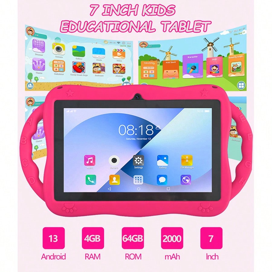 Kids Dual Camera Tablet, 7-Inch Android 13 HD IPS Display, 4GB RAM 64GB Storage, Quad-Core 1.3GHz, WiFi and 4000mAh Battery for Learning and Games