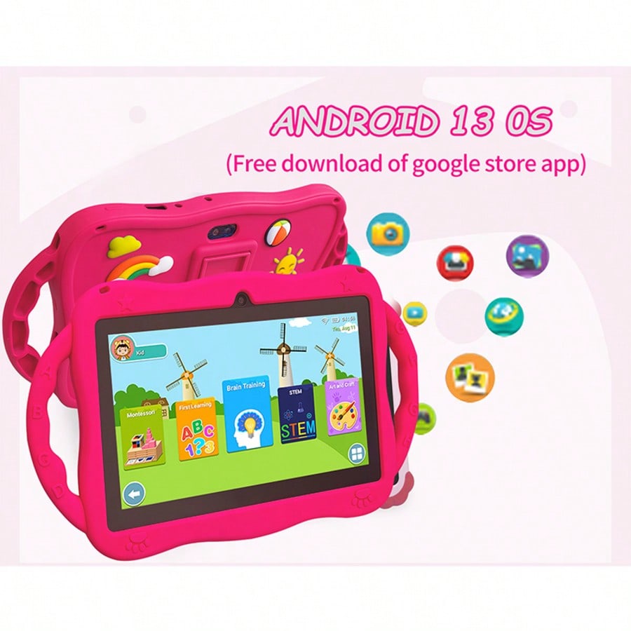 Kids Dual Camera Tablet, 7-Inch Android 13 HD IPS Display, 4GB RAM 64GB Storage, Quad-Core 1.3GHz, WiFi and 4000mAh Battery for Learning and Games