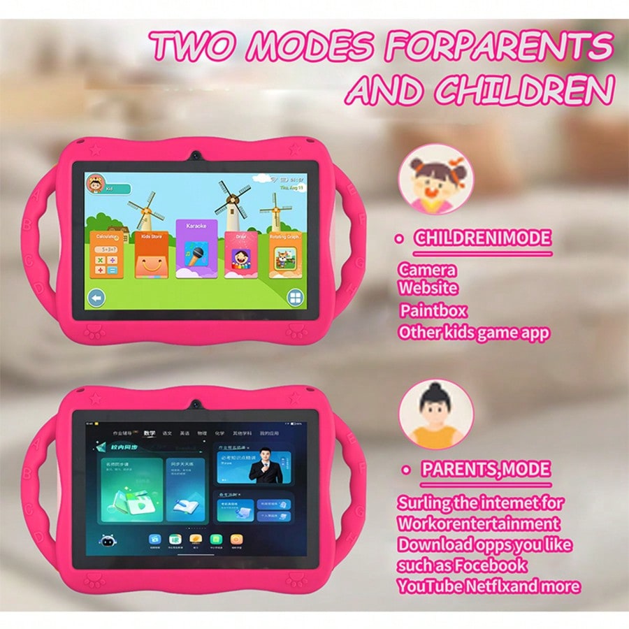 Kids Dual Camera Tablet, 7-Inch Android 13 HD IPS Display, 4GB RAM 64GB Storage, Quad-Core 1.3GHz, WiFi and 4000mAh Battery for Learning and Games