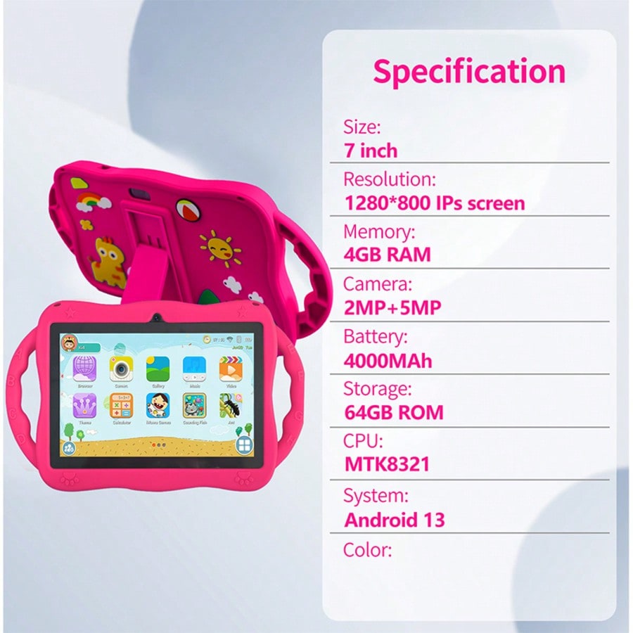 Kids Dual Camera Tablet, 7-Inch Android 13 HD IPS Display, 4GB RAM 64GB Storage, Quad-Core 1.3GHz, WiFi and 4000mAh Battery for Learning and Games