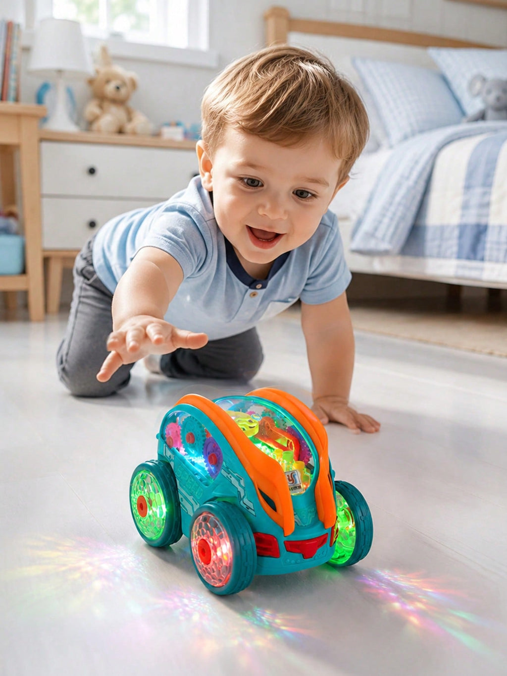 Transparent Gear Toy Car with Glowing Lights, 360° Rotation and Obstacle Avoidance, Colorful Moving Gear Sensory Vehicle for Kids